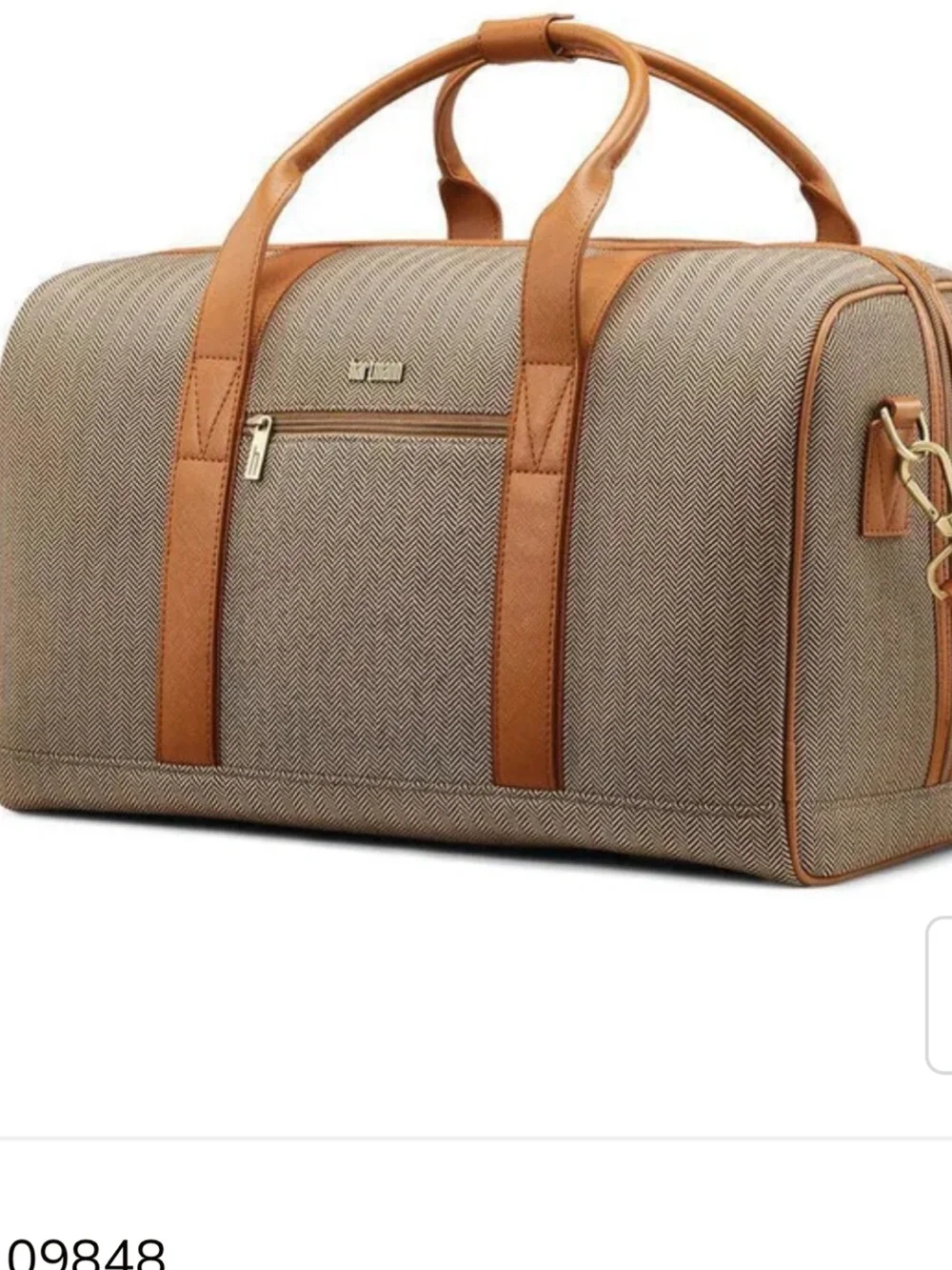 Classic Cream Herringbone Duffel with Tan Leather Trim